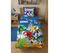 Sonic Boy Single Duvet Cover 135x200 + Pillowcase Blue 100% Cotton | Reversible bedding | Single bed | 100% Cotton Oeko-Tex | Sonic Tails Knuckles | Great gift | Skin-friendly | Official licence