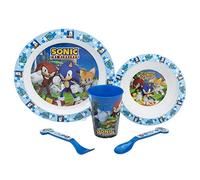 Sonic Cartoon Character Dinner Tableware Set 5pcs Plate, Bowl, Cup & Cutlery, BPA Free re-usable Plastic Microwave Safe (Sonic)
