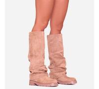 Sonic Chunky Sole Layered Knee High Long Biker Boot In Beige Faux Suede, Women's Size UK 6