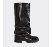 Sonic Chunky Sole Layered Knee High Long Biker Boot In Black Faux Leather, Women's Size UK 3