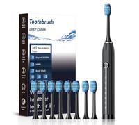 Sonic Electric Toothbrush, 6 Modes of Waterproof Sonic Vibration Cleaning, 10 Brush Heads and Portable case, Suitable for Children and Adults Traveling, Camping, Cycling, Hiking (Black)