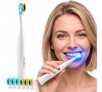 Sonic Electric Toothbrush, Blue Light Whitening with 6 Replacement Heads | iMusthav - 3 Sonic Modes, Smart Timer, Portable Design for Adult. AAA Battery Powered, White