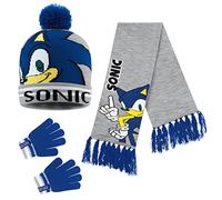 SONIC THE HEDGEHOG Beanie Hat Scarf and Gloves Set for Boys (4-15 Years, Blue/Grey Sonic 3 Pcs)