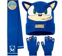 Sonic The Hedgehog Beanie, Winter Gloves & Scarf Set for Boys, 3 Pcs Knitted Winter Accessories, Gaming Gifts for Boys (Blue Sonic 3 Pcs)