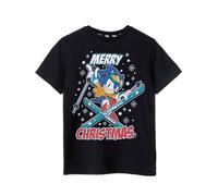 Sonic The Hedgehog Boys Christmas T-Shirt | Kids Merry Christmas Short Sleeve Seasonal Graphic Tee | Sonic Skiing Black Short-Sleeve Xmas Top | Game Merchandise Gift for Children