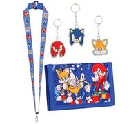 Sonic The Hedgehog Boys Wallet - 3 PC Keyring Set and Lanyard - Canvas Wallets with Zipped Coin Holder and Card Slots Featuring Tails and Knuckles