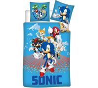 Sonic The Hedgehog Children's Bedding Set 100 x 135 cm + Pillowcase 40 x 60 cm - 100% Cotton - Reversible Duvet Cover with Sonic Tails & Knuckles - Official - Blue