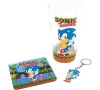 Fizz Creations SonicThe Hedgehog Keyring, Glass and Coaster Gift Set. 3 in 1 Gift Set. 480ml Capacity Drinking Glass. Officially Licensed Sonic The Hedgehog Merchandise
