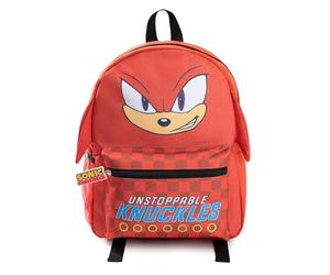 Sonic The Hedgehog Kids 3D Knuckles the Echidna Backpack | Red Checkered Zip Front Pocket with Unstoppable Knuckles! Text | Character Travel Bag for School | Sonic Merch