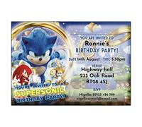 Sonic the Hedgehog party invitations set of 6x4 invitations. Sonic and Knuckles and Tails friends (A6 148x105mm) with envelopes, printed in colour on card. Sonic running design with gold coins