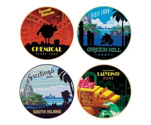 Sonic The Hedgehog Set of 4 Location Coasters | Green Hill Zone, Chemical Plant Zone, Labyrinth Zone & South Island Designs | Officially Licensed Gaming Drink Coasters with Cork Base