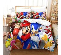 Sonic Vs Mario Duvet Cover Set for Kids Youth Adults Duvet Covers King Size Bedding Set with Pillowcases Soft Microfiber Quilt Cover with Zipper Closure Easy Care Breathable