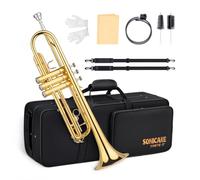 SONICAKE Bb Standard Trumpet Set with Hard Case for Beginner, Brass Student Trumpet Instrument, include Cleaning Kit, 7C Mouthpiece and Gloves, Golden QTP-01