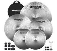 SONICAKE Low Volume Cymbal Pack Quiet Cymbal Set 14" Hi-Hat+16" Crash+18" Crash+20" Ride Cymbal Practice Set of 5pcs Silver with Bag, Accessories