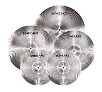 SONICAKE Low Volume Cymbal Pack Quiet Cymbal Set 14" Hi-Hat+16" Crash+18" Crash+20" Ride Cymbal Practice Set of 5pcs Silver