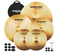 SONICAKE Low Volume Cymbal Pack Quiet Cymbal Set 14" Hi-Hat+16" Crash+18" Crash+20" Ride Cymbal Practice Set of 5pcs Golden with Bag, Accessories