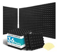 Sonicreative 36 Packs Acoustic Foam Panels Pyramid 2" X 12" X 12" High Density 25kg/m³ Quick Recovery Sound Proof Foam Panels for Walls with 180 Pcs Double Side Self Adhesives