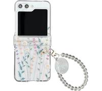 SONIGRA Woman Floral Girly Case for Samsung Galaxy Z Flip 6 2024, Clear Hard PC Protective Case with Color Beads Strap, Flower Leaves