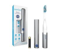 Sonisk Pulse | Battery Powered Electric Toothbrush | Portable Travel Size with Antimicrobial Sonic Technology | 1x Battery, 2X Brush Heads, 1x Travel Case Included (Metallic Silver)