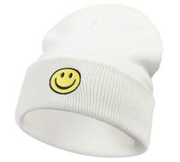 SONMONY Smiley Face Cuffed Beanie Hats for Women Mens Winter Knit Caps Soft Warm Smiley Stretchy Beanies Hat, White, One Size