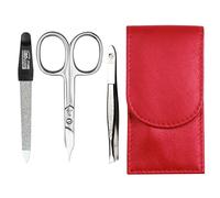 Sonnenschein by Hans Kniebes - Manicure Set 3 Pieces - Nail Scissors, Nail File and Tweezers - Pocket Manicure Nail Care Set - Nappa Lambskin Manicure Case (Red)