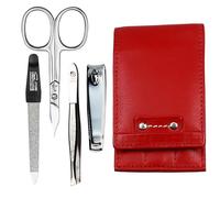 Sonnenschein by Hans Kniebes Manicure Set 4 Pieces - Nail Scissors, File, Tweezers, Nail Clippers - Nail Care Set Manicure Case Made of Nappa Lambskin Leather Red