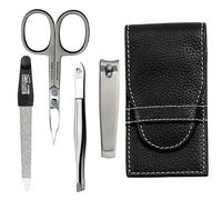 Sonnenschein by Hans Kniebes - Manicure Set 4 Pieces - Nail Scissors, Nail Clippers, Nail File and Tweezers - Pocket Manicure Nail Care Set - Real Cowhide Leather Manicure Case Black