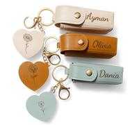 Sonnet Signs Personalised PU Leather Lipstick Holder Keychain with Heart Mirror - Custom Name & Birth Month Flower Engraving - Mini Lipstick Case for Handbag, Purse, Travel Gift for Her