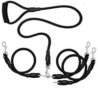 SonQueen Double Dog Leash with 2 Dog Collars, No Tangle Adjustable Bungee Dual Dog Lead with Hand-Protected Foam Handle, Super Shock Absorbing Reflective Rope for Medium Dogs