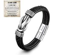 Son's Infinity Knot Bracelet, Forever Linked Together Bracelet for My Son To My Son Infinity Knot Leather Bracelet From Mom Stainless Steel Engraved Jewelry for Birthday Christmas, 7.5 inches