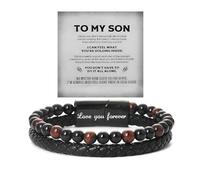 Son's Tiger Eye Protection Bracelet From Mom, The Guardians To My Son Leather Volcanic Rock Black Beaded Cuff Bangle Engarved With Love You Forever Jewelry Gift For Men, One Size, Leather, no gemstone