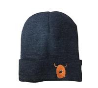 Sonsie Face Knitted Beanie Hat with Highland Cow Logo Charcoal Grey
