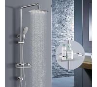 SonTiy Shower Riser Rail Kit, XXL Square Rainfall Shower Head with Point Jet, Stainless Shower Head and Hose Set with Shower Caddy, Extendable Swivel Arm, Chrome