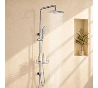 SonTiy Shower System with No Drill Shelf, 12" Square Rainfall Shower Head, Handheld Shower with Point Jet for Cleaning Bathroom, Stainless Steels Riser Rail Kit with Brass Shower Diverter, Chrome