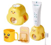 Sonwaha Kids Toothpaste Dispenser & Holder, Electric Toothpaste Dispenser with Yellow Duck Shape, Wall Mount Toothbrush Dispenser and Cup, Automatic, HPIS Material, Yellow, Kid, 3-Piece Set