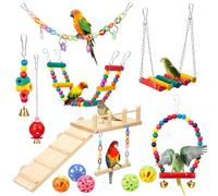 Sonwyoung 12 Pcs Parrot Swing Toys and Wooden Bird Perches Platform with Climbing Ladder Colorful Chewing Standing Hanging Parakeet Toy Bird Cage Accessories for Budgerigar Cockatiel Conure Love Birds