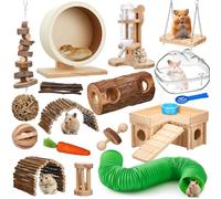 Sonwyoung 19 Pcs Hamster Toys Set, Wood Hide Out Tree Trunk Tunnel Tube Silent Exercise Running Wheels Water Bottle Set Sand Bath Bowl 10 Kinds Chew Toys for Hamster Habitat Cage Accessories (Wooden)