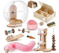 Sonwyoung 20 Pcs Hamster Toys Set, 16 Small Animal Chewing Toys, Maze Wood House, Silent Exercise Running Wheels and Water Bottle Set Feeding Bowl for Hamster Habitat Rat Cage Accessories(Pink)