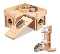 Sonwyoung 3 Pcs Hamster Cage Accessories Wooden Hamster Hideout Wood House with Ladder Platform Feeding Bowl Water Bottle Set for Rat Mice Small Animals Habitat