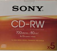 Sony CD-RW 1-4x - 5 PACK - 80MIN / 700MB Rewritable Blank CDRW Disc NEW