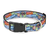 Sony Pictures Pet Collar, Dog Collar Plastic Buckle, Wheel of Fortune Quotes and Prizes Collage Blue Multi Color, 7 to 8.5 Inches 0.5 Inch Wide