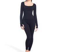 Soo slick Women Jumpsuit Square Neck Long Sleeve Ribbed Shapewear Clothing Tummy Control Workout Yoga, Black, S