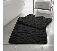 Soodie&Zuzu's Bath Mat Set Non Slip Memory Foam Washable Absorbent Pebble Pedestal & Bath Mat Toilet Bathroom Mat Rug [Pedestal 50x50cm & Bath Mat 50x80cm Approx] (Black)