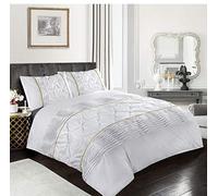 Soodie&Zuzu's Luxury Eleanor Laced Pintuck Diamond Pinch Duvet Cover Set With Matching Pillowcases Special Edition Diamond Pinch Pleat Gold Laced Fancy Quilt Bedding Sets (White, Double)