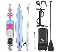 SOODOO Inflatable Stand Up Paddling Board, 14'x27"x6" V-Shaped Paddle Board for Expert Paddlers, Surfboard for Youth & Adult, SUP with Adjustable Paddle, Backpack, Removable Fins (38PKB)