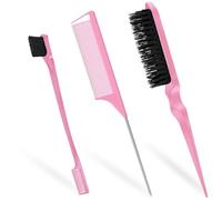 Soodyoow 3-in-1 Slick Back & Edge Brush, Back Combing & Teasing Brush, Rat Tail Comb for Hairdresser, Women, Children, Pink