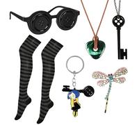 SOOFILM 6PCS Coraline Accessories for Women Men Cosplay Halloween Costume Glasses Necklace Hair Clip Keychain Stockings