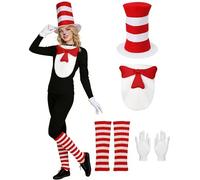 SOOFILM Cat Costume 4PCS Accessories Red Set Tall Hat Bow Tie Gloves and Leg Warmers for World Book Day Halloween Cosplay
