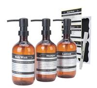 SOOKDEO Bathroom Dispenser Refillable Bottles for Shampoo Conditioner Hand Dish Soap Lotion Oil Shower Soap with Pump & Waterproof Label, 500ml, 3 Pack (Amber, Without Wall Mout)