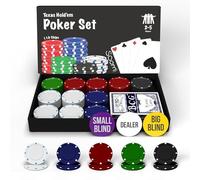 Soom Games Poker Set - Includes Poker Game 110 Chips Perfect for 2-5 Players, Poker Chips Set, Playing Cards, Dealer Button, Big Blind Button and Small Blind Button, Compact Poker Set Texas Hold'em